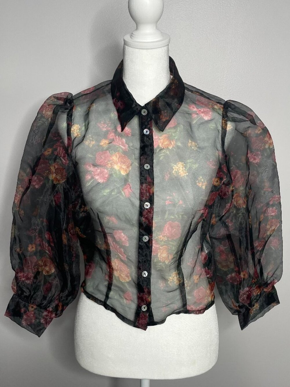 Sheer Black Floral Organza Puff Sleeve Blouse Size S